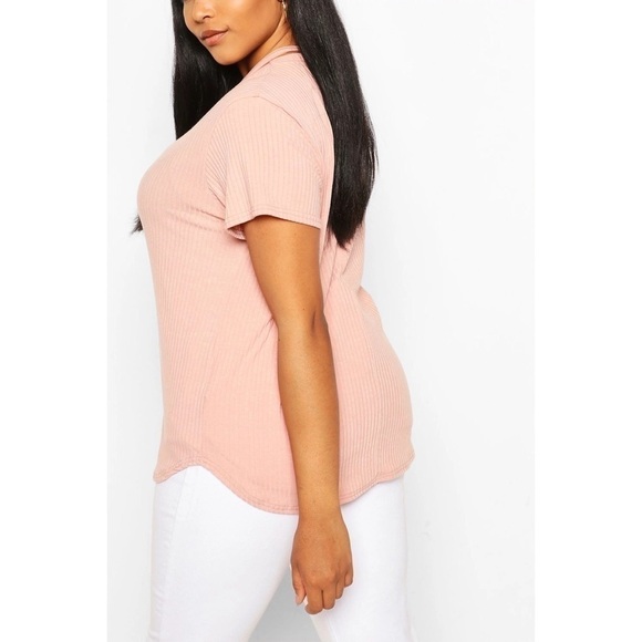 BooHoo Light Blush Pink Cross Front Strap Ribbed Short Sleeve T-Shirt 14 - Picture 3 of 6